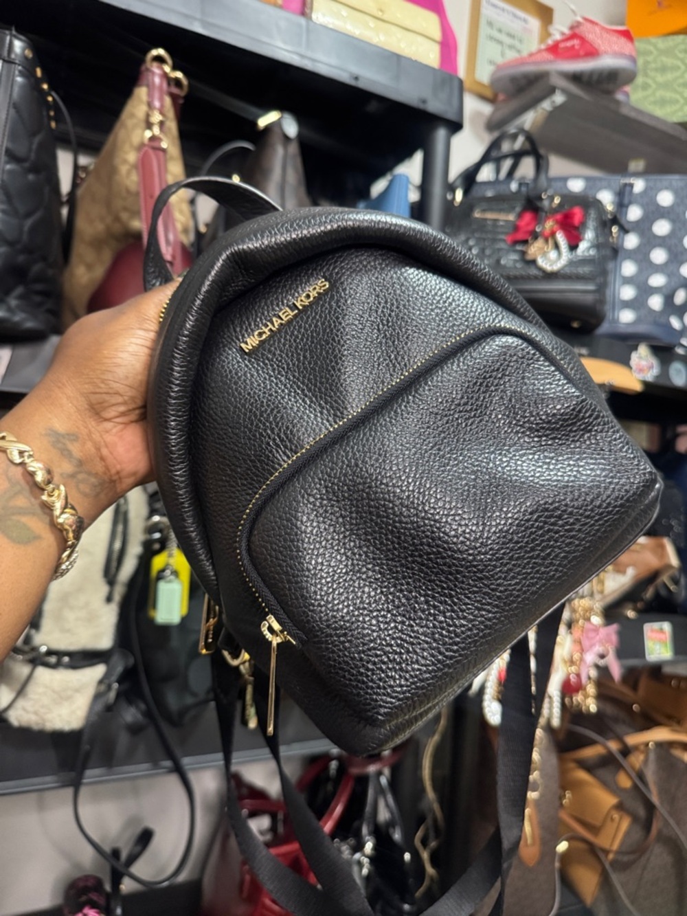 Michael Kors Black Pebbled Leather Mini Backpack with Gold Hardware